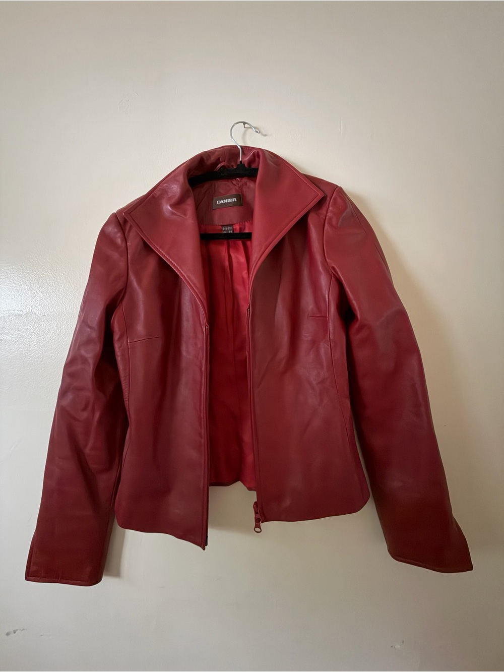 Danier Red Leather Zip Jacket with Wide Collar